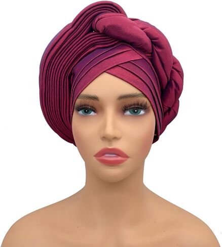 African auto gele Headtie Wedding Party Headpiece Women Head Wraps Muslim Hat (US, Alpha, One Size, wine red) in Kuwait