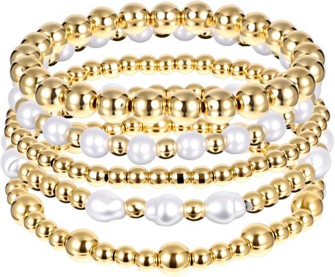 5 Pcs Gold Beaded Bracelets for Women Waterproof Plated Bracelet Stack Jewelry for Women Adjustable Beaded Ball Bracelet Set Trendy Stackable Ball Waterproof Fashion Accessories in Saudi Arabia
