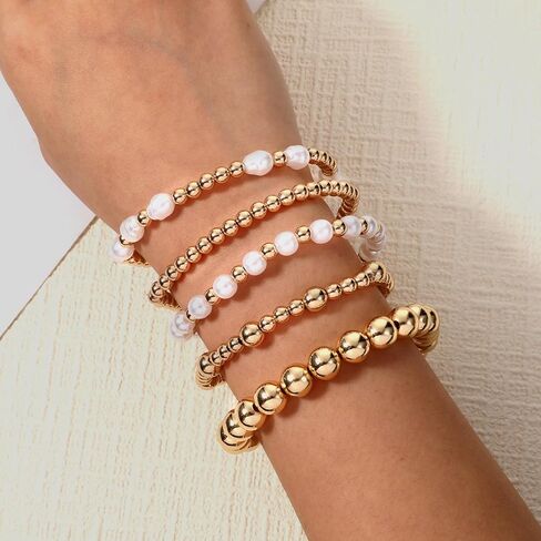5 Pcs Gold Beaded Bracelets for Women Waterproof Plated Bracelet Stack Jewelry for Women Adjustable Beaded Ball Bracelet Set Trendy Stackable Ball Waterproof Fashion Accessories in Saudi Arabia