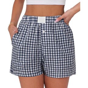 Womens Boxer Shorts Cotton Summer Casual Pajama Y2K Sleep Gingham Plaid Shorts Bottom with Pockets in Kuwait