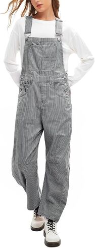 D-Sun Women's Striped Bib Overall Barrel Casual Tapered Overall Pants Wide Leg Adjustable Straps Stretch Jumpsuits in Saudi Arabia