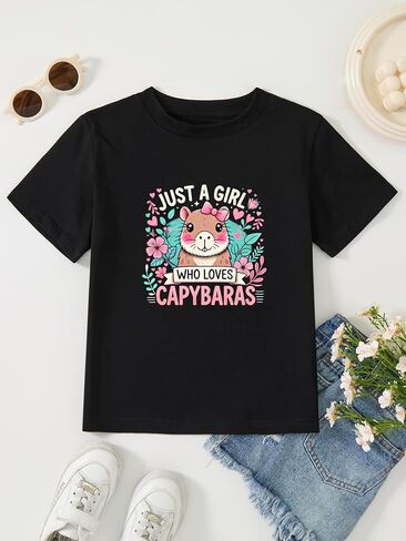 Girls' Cotton Capybara Print T-Shirt Funny Cute Animal Graphic Tee in Kuwait