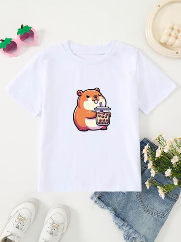 Girls' Cotton Capybara Print T-Shirt Funny Cute Animal Graphic Tee in Kuwait