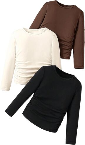 OYOANGLE Toddler Girl's 3 Pack Long Sleeve Ruched T Shirts Crew Neck Plain Tees Basic Layering Tops in Saudi Arabia
