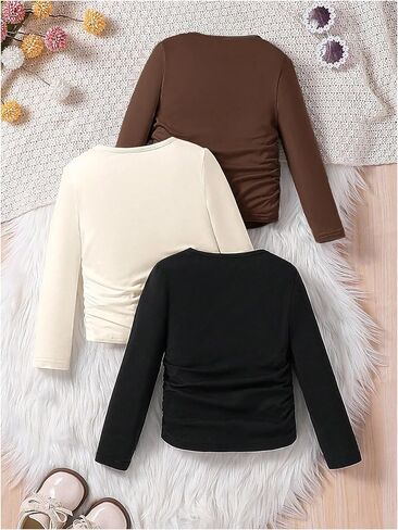 OYOANGLE Toddler Girl's 3 Pack Long Sleeve Ruched T Shirts Crew Neck Plain Tees Basic Layering Tops in Saudi Arabia