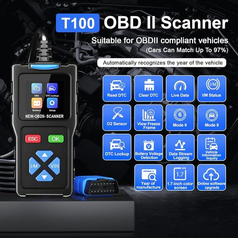 T200 OBD2 Scanner I/M Status Code Reader Mode 6 Mode 8 Scan Tool ECU Info Live Data O2 Sensor Tester DTC Lookup Battery Testing Software Update in Kuwait