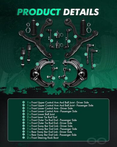 SCITOO 16pcs Front Suspension Kit Lower Upper Control Arm with Ball Joint fit 2008-2012 for Honda for Accord Outer Inner Tie Rod End w/Steering Boot Sway Bar Link in Saudi Arabia