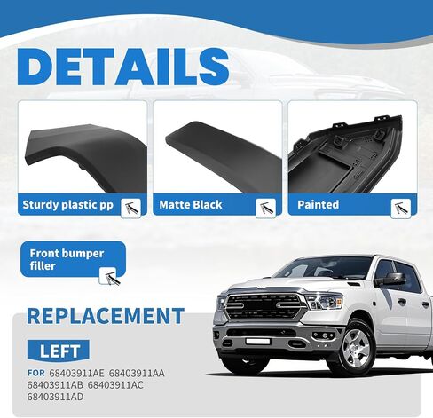 KUAFU Left Front Bumper Filler Panel Compatible with 2019-2024 Ram 1500 Driver Side Upper Bumper End Face Bar Matted Black Plastic Replacement For 68403911AE CH1016103 in Saudi Arabia