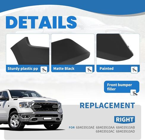 Kuafu Left Left Pront Pulper Filler Filler متوافق مع 2019-2024 RAM 1500 سائق الجانب العلوي الطرفي بار البديل البلاستيكي الأسود مصلحة لـ 68403911AE CH1016103 in Kuwait
