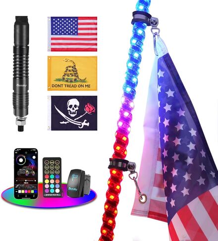 2PCS 3FT LED Whip Lights with Built-in Spring Base, LED Whip Lights with App & Remote Control, 360° Spiral Chasing Lighted Whip with Rocker Switch for UTV, ATV, SXS, Polaris RZR, Can-am in Kuwait