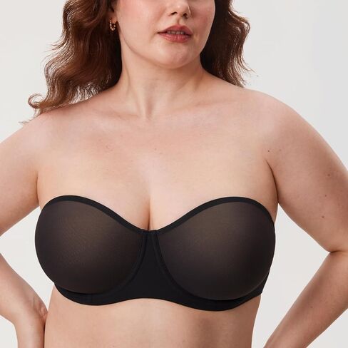 DELIMIRA Women's Cosnufy Strapless Bra Sheer Mesh Plus Size Unlined Underwire Bras in Saudi Arabia