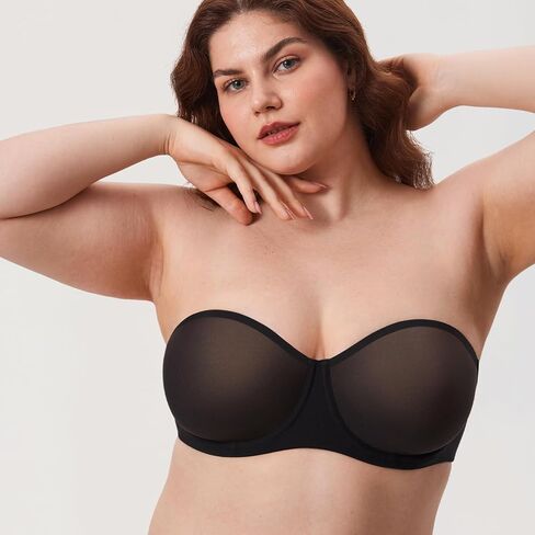DELIMIRA Women's Cosnufy Strapless Bra Sheer Mesh Plus Size Unlined Underwire Bras in Saudi Arabia
