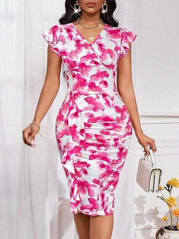Yajedo Women's Summer Bodycon Midi Dress Print Ruffled Sleeves V Neck Ruched Cocktail Pencil Dress in Kuwait