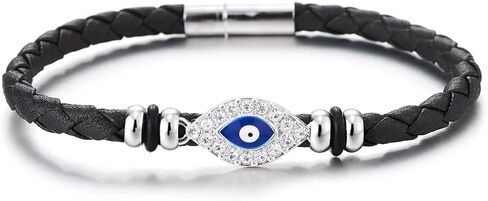 COOLSTEELANDBEYOND Womens Rhinestones Evil Eye Leather Bracelet, Black Braided Leather, Protection Amulet Boho Fashion in Saudi Arabia