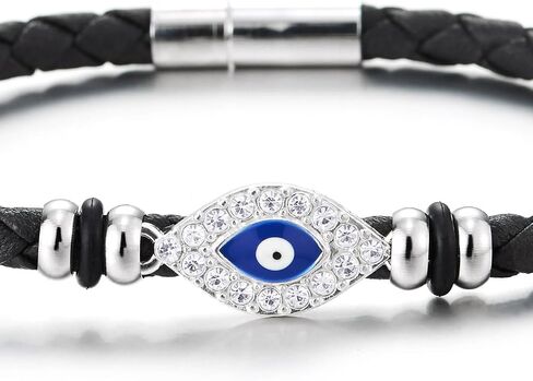 COOLSTEELANDBEYOND Womens Rhinestones Evil Eye Leather Bracelet, Black Braided Leather, Protection Amulet Boho Fashion in Saudi Arabia