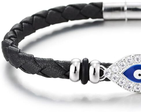 COOLSTEELANDBEYOND Womens Rhinestones Evil Eye Leather Bracelet, Black Braided Leather, Protection Amulet Boho Fashion in Saudi Arabia