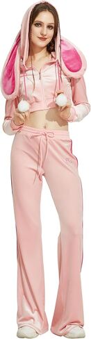 Women Sports Tracksuit Set Cute Pink Bunny Hooded Top and Pants with Pom-pom Accessories in Saudi Arabia