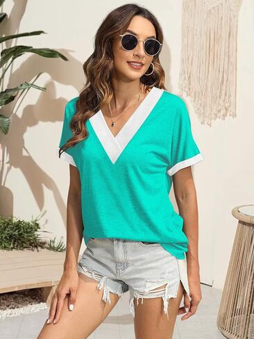 Women Summer Top V Neck Short Sleeve Blouse Casual Loose Tees Comfort Colors Tshirt 2025 Fashion Beach Vacation Clothe in Kuwait