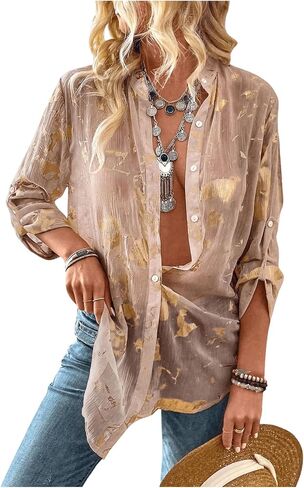 GORGLITTER Women's Sheer Button Down Shirts Long Sleeve Blouse Business Tops in Saudi Arabia