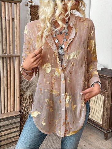 GORGLITTER Women's Sheer Button Down Shirts Long Sleeve Blouse Business Tops in Saudi Arabia