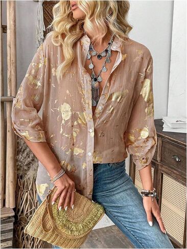 GORGLITTER Women's Sheer Button Down Shirts Long Sleeve Blouse Business Tops in Saudi Arabia