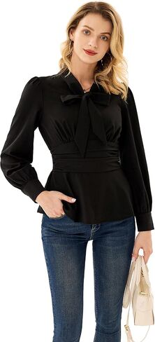 GRACE KARIN Women's 2025 Long Sleeve Peplum Dressy Shirt Office Bow Tie Work Blouses Tops Smocked Waist in Saudi Arabia