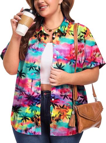 Plus Size Women Hawaiian Shirt Soft Cool Summer Hawaii Shirts Floral Tropic Print V Neck Button Down Shirts Beach Tops in Kuwait