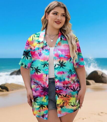 Plus Size Women Hawaiian Shirt Soft Cool Summer Hawaii Shirts Floral Tropic Print V Neck Button Down Shirts Beach Tops in Kuwait