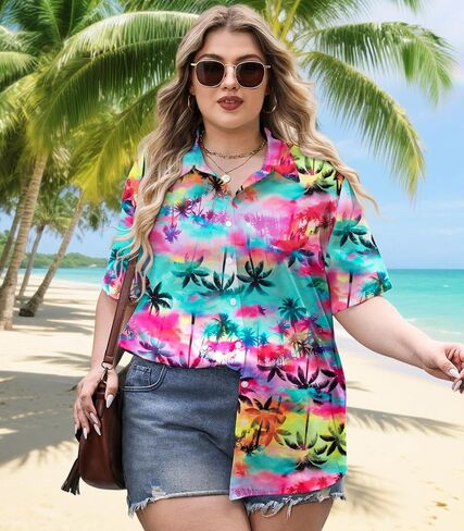 Plus Size Women Hawaiian Shirt Soft Cool Summer Hawaii Shirts Floral Tropic Print V Neck Button Down Shirts Beach Tops in Kuwait