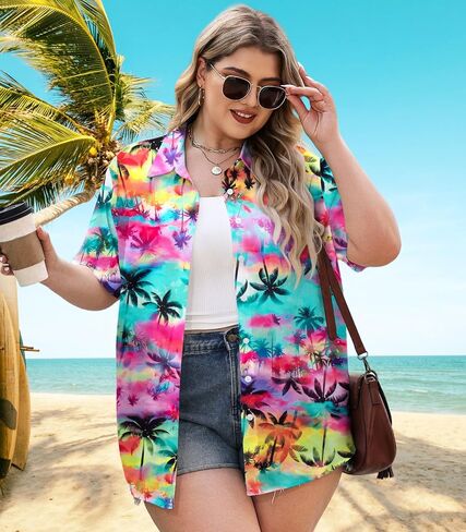 Plus Size Women Hawaiian Shirt Soft Cool Summer Hawaii Shirts Floral Tropic Print V Neck Button Down Shirts Beach Tops in Kuwait