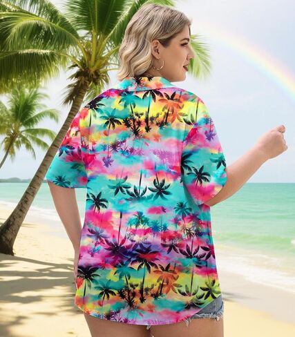 Plus Size Women Hawaiian Shirt Soft Cool Summer Hawaii Shirts Floral Tropic Print V Neck Button Down Shirts Beach Tops in Kuwait