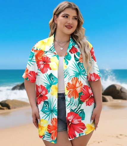 Plus Size Women Hawaiian Shirt Soft Cool Summer Hawaii Shirts Floral Tropic Print V Neck Button Down Shirts Beach Tops in Kuwait