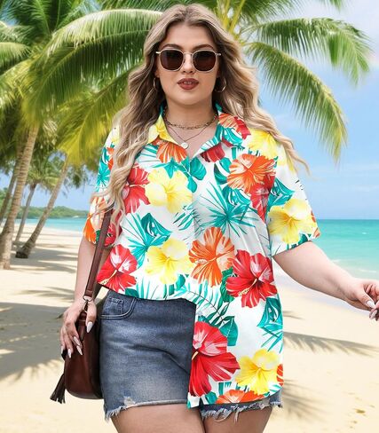 Plus Size Women Hawaiian Shirt Soft Cool Summer Hawaii Shirts Floral Tropic Print V Neck Button Down Shirts Beach Tops in Kuwait