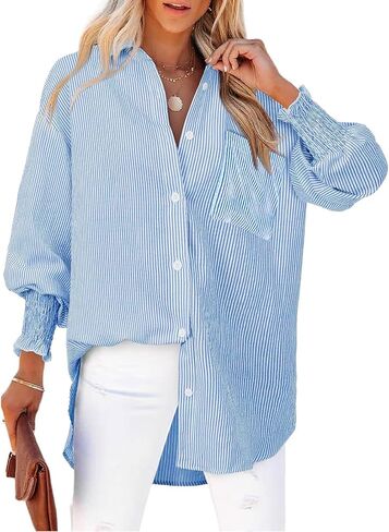 Womens Striped Button Down Shirts Smocked Cuffed Blouse Long Sleeve Casual Collar Oversized Shirt Tops with Pocket in Saudi Arabia