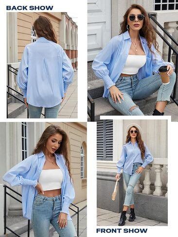 Womens Striped Button Down Shirts Smocked Cuffed Blouse Long Sleeve Casual Collar Oversized Shirt Tops with Pocket in Saudi Arabia