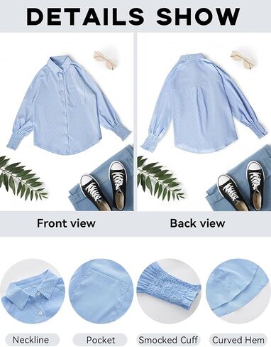 Womens Striped Button Down Shirts Smocked Cuffed Blouse Long Sleeve Casual Collar Oversized Shirt Tops with Pocket in Saudi Arabia