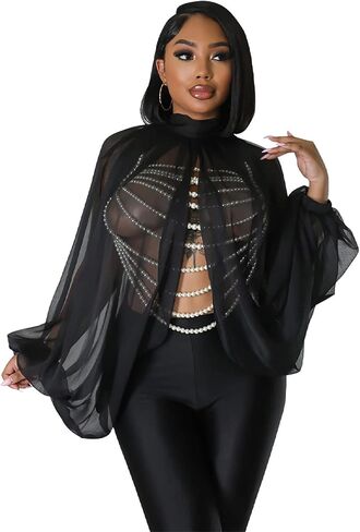 Women's Sexy See Through Chiffon Sheer Lantern Sleeve Front Back Open High Neck Self Tie Casual Shirts Blouses Tops in Saudi Arabia