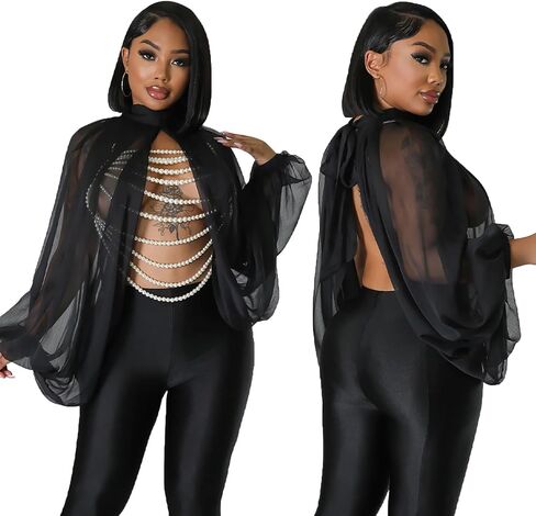 Women's Sexy See Through Chiffon Sheer Lantern Sleeve Front Back Open High Neck Self Tie Casual Shirts Blouses Tops in Saudi Arabia