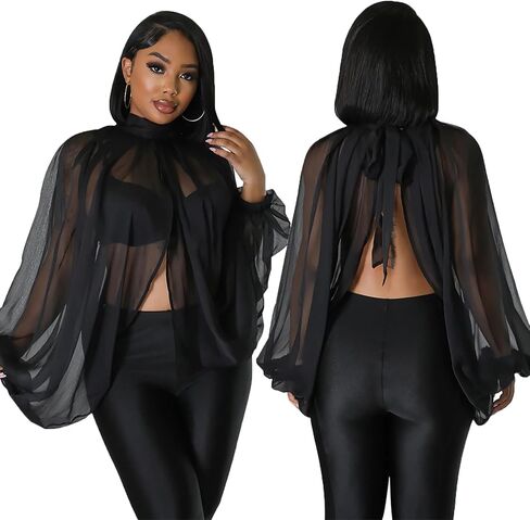 Women's Sexy See Through Chiffon Sheer Lantern Sleeve Front Back Open High Neck Self Tie Casual Shirts Blouses Tops in Saudi Arabia