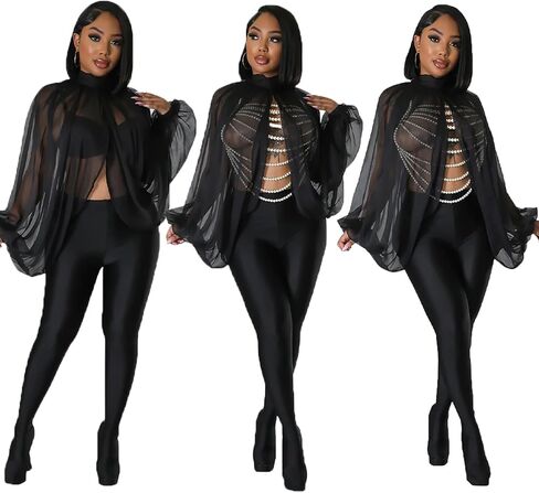Women's Sexy See Through Chiffon Sheer Lantern Sleeve Front Back Open High Neck Self Tie Casual Shirts Blouses Tops in Saudi Arabia
