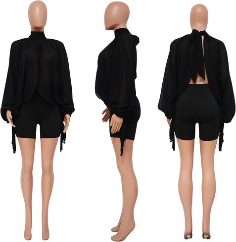 Women's Sexy See Through Chiffon Sheer Lantern Sleeve Front Back Open High Neck Self Tie Casual Shirts Blouses Tops in Saudi Arabia