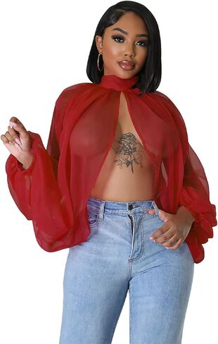 نساء مثير للنساء من خلال شيفون شيفون فانوس الأكمام الأمامية الظهر مفتوحة عالية الرقبة ربطة عنق شال in Kuwait