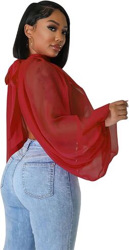 نساء مثير للنساء من خلال شيفون شيفون فانوس الأكمام الأمامية الظهر مفتوحة عالية الرقبة ربطة عنق شال in Kuwait
