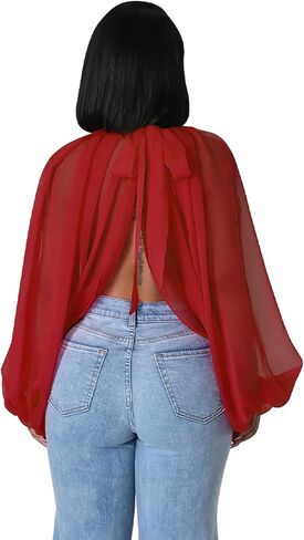 نساء مثير للنساء من خلال شيفون شيفون فانوس الأكمام الأمامية الظهر مفتوحة عالية الرقبة ربطة عنق شال in Kuwait