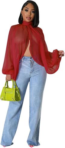 نساء مثير للنساء من خلال شيفون شيفون فانوس الأكمام الأمامية الظهر مفتوحة عالية الرقبة ربطة عنق شال in Kuwait