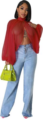 نساء مثير للنساء من خلال شيفون شيفون فانوس الأكمام الأمامية الظهر مفتوحة عالية الرقبة ربطة عنق شال in Kuwait