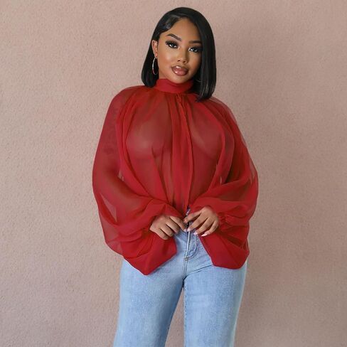 نساء مثير للنساء من خلال شيفون شيفون فانوس الأكمام الأمامية الظهر مفتوحة عالية الرقبة ربطة عنق شال in Kuwait