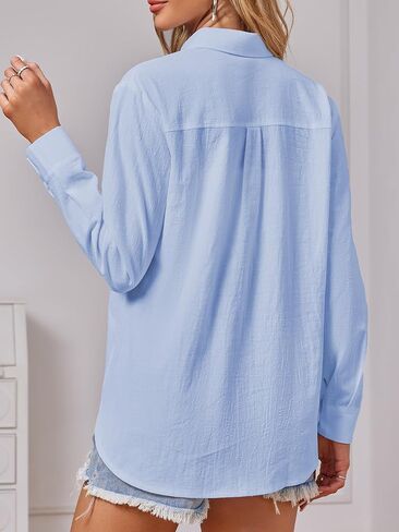 Cotton Button Down Shirts Women V Neck Long/Roll Up Sleeve Gauze Texture Casual Tops with Pocket in Kuwait
