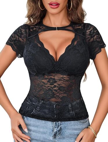 Avidlove Women's Lace Mesh Short Sleeve Top Floral Sear من خلال قمم بلوزة مثير in Saudi Arabia