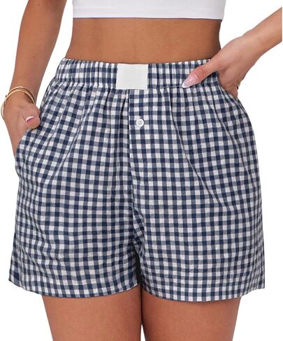 Womens Boxer Shorts Cotton Summer Casual Pajama Y2K Sleep Gingham Plaid Shorts Bottom with Pockets in Kuwait